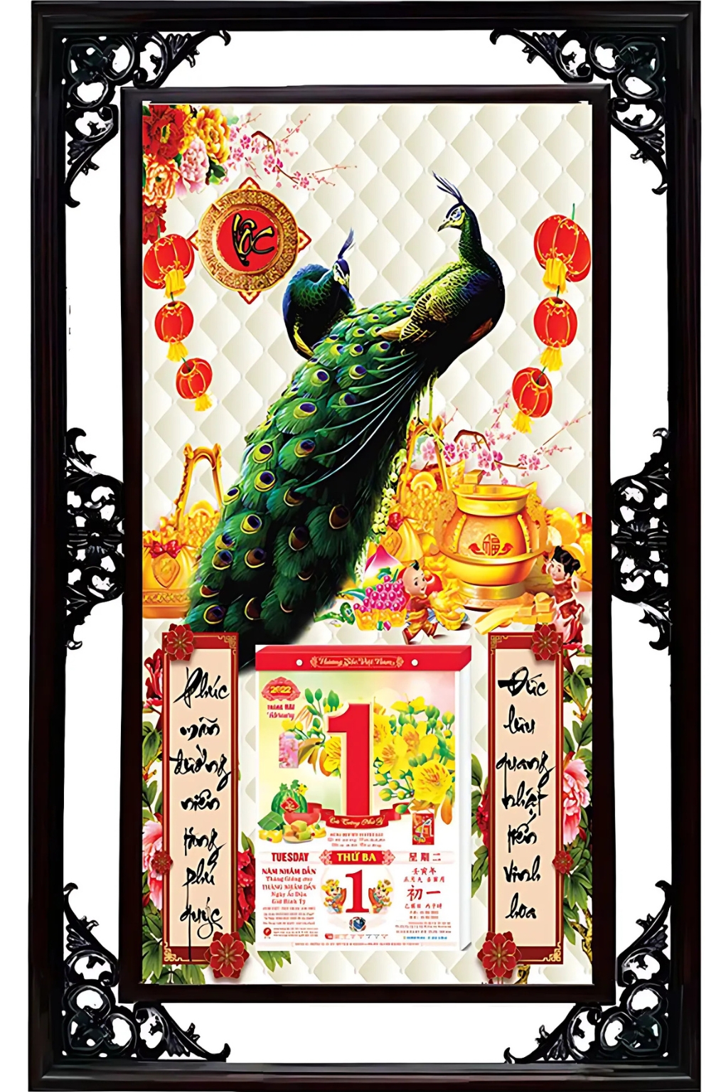 Lịch Cao Cấp 2026 Chim Công 02 Khung Đôi (50x82 Cm)