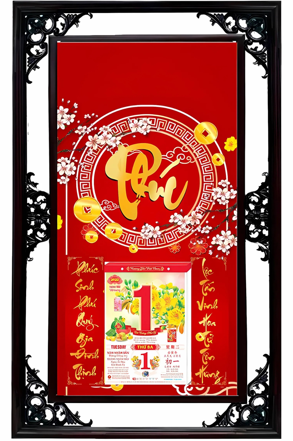 Lịch Cao Cấp 2026 Dán Nổi Chữ Phúc 03 Nền Đỏ Khung Đôi (50x82 Cm)