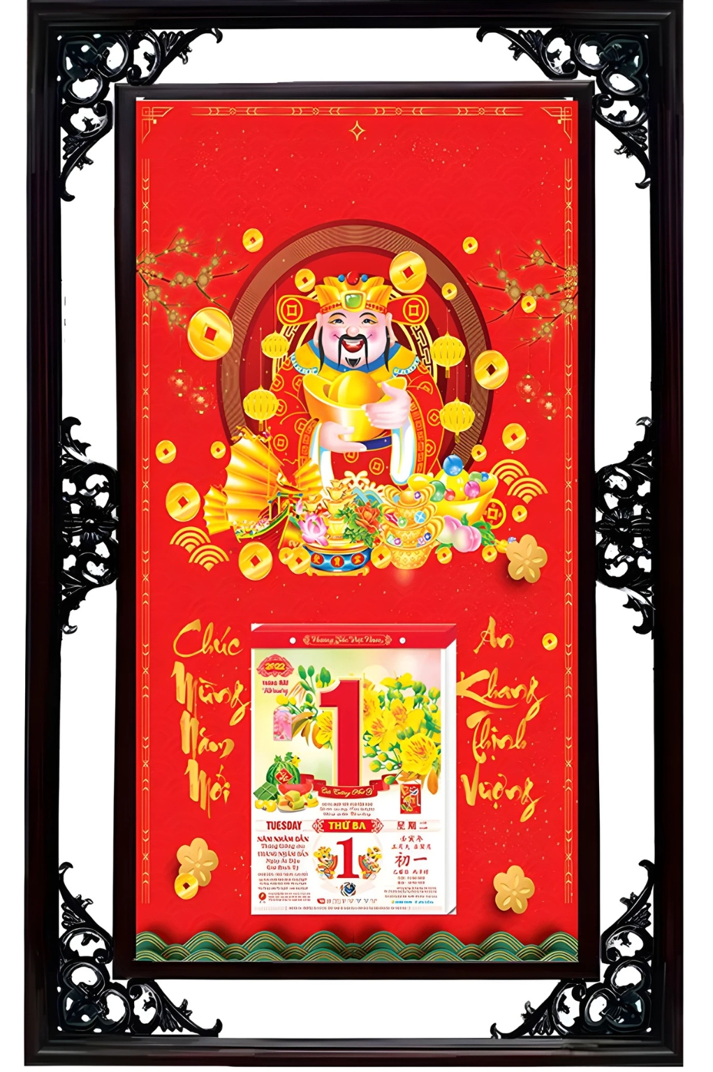  Lịch Gỗ Cao Cấp 2026 Ông Thần Tài Khung Đôi (50x82 Cm)