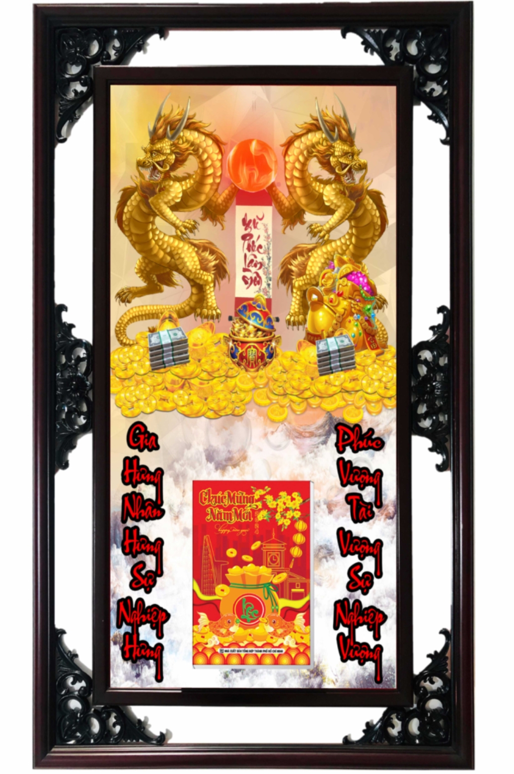 Lịch Gỗ Cao Cấp 2026 Đôi Rồng Vàng Khung Đôi (52 x 82 cm) - NS25