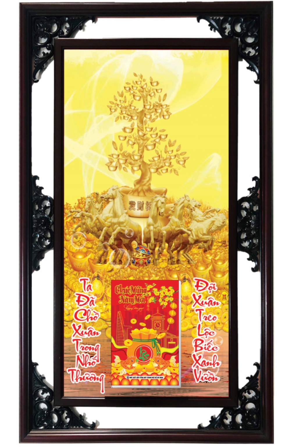 Lịch Gỗ Cao Cấp 2026 Ngựa Vàng & Cây Tài Lộc Khung Đôi (52 x 82 cm) - NS23