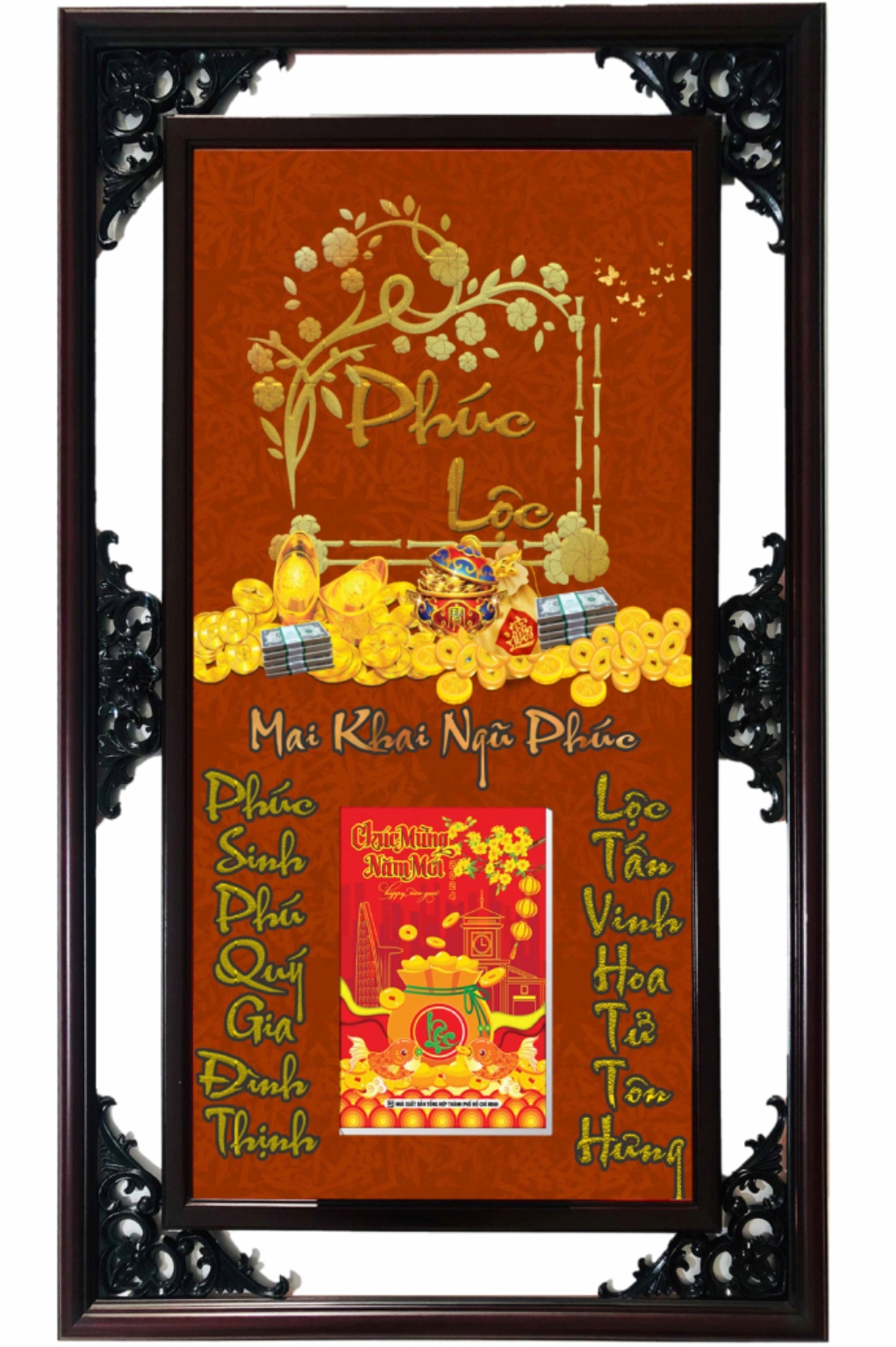 Lịch Gỗ Cao Cấp 2026 Mai Khai Ngũ Phúc Khung Đôi (52 x 82 cm) - NS05