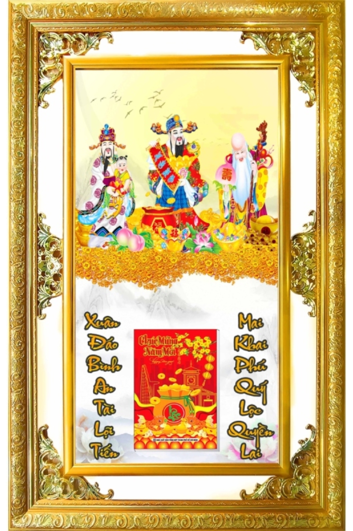 Lịch Gỗ Phù Điêu Treo Tường Cao Cấp Khung Đôi Vàng 2026 (56 x 86 cm) - Phúc Lộc Thọ (NS25)