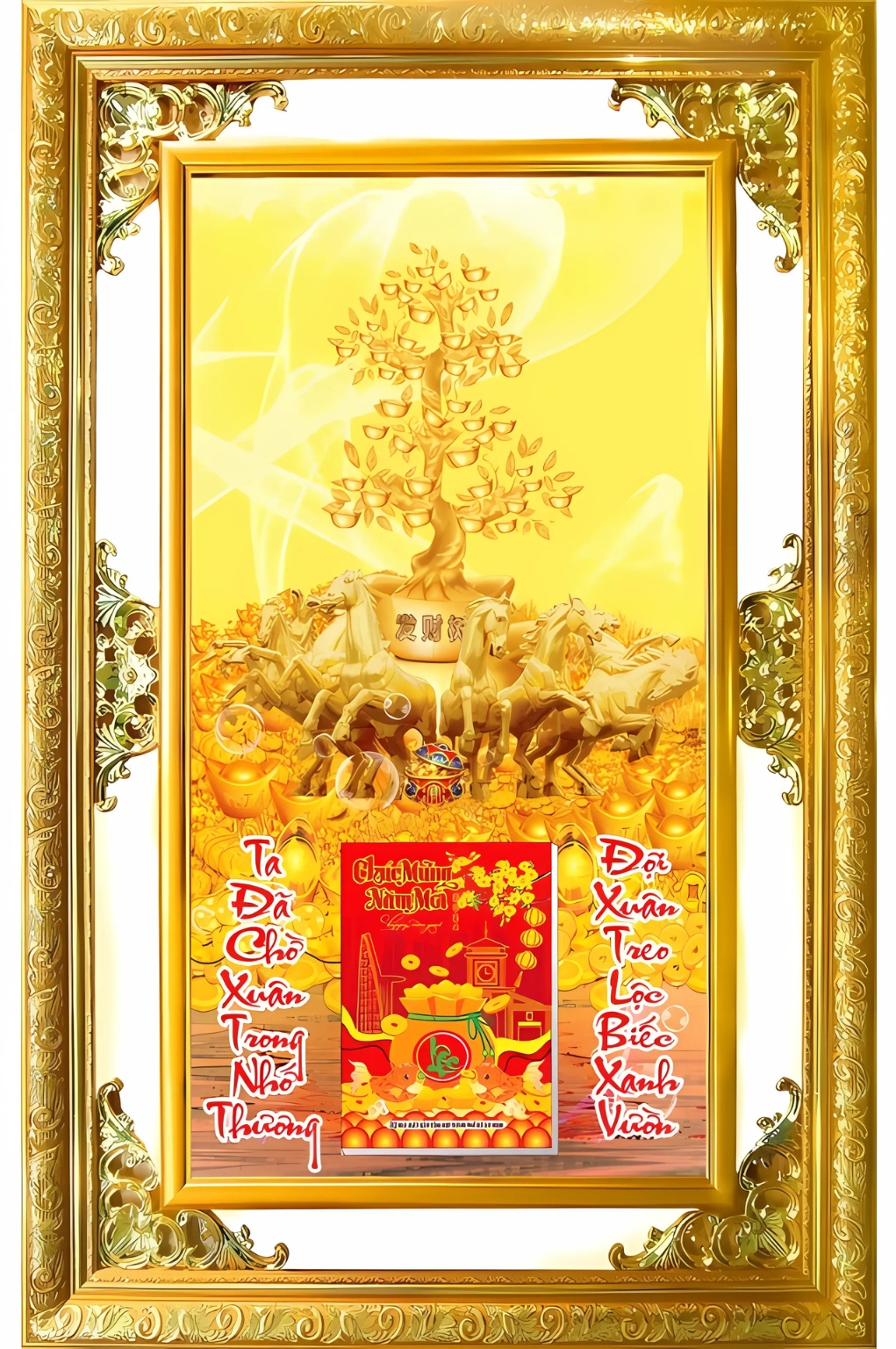 Lịch Gỗ Phù Điêu Treo Tường Cao Cấp Khung Đôi Vàng 2026 (56 x 86 cm) - Ngựa Vàng Và Cây Tài Lộc (NS21)