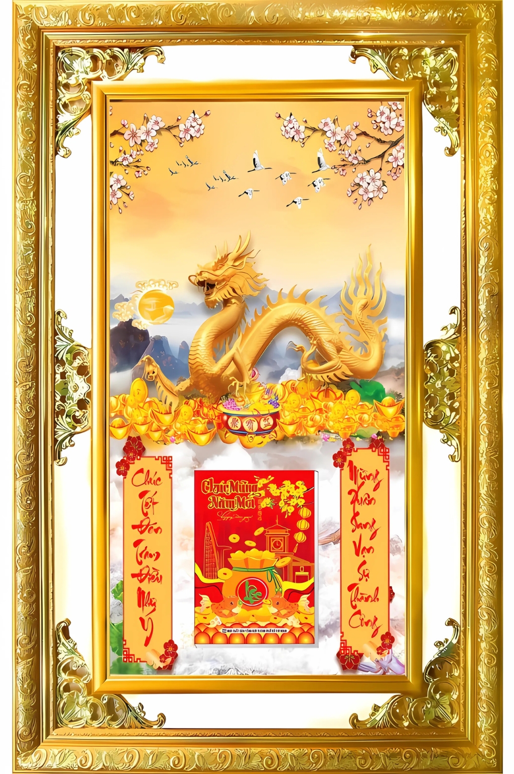Lịch Gỗ Phù Điêu Treo Tường Cao Cấp Khung Đôi Vàng 2026 (56 x 86 cm) - Rồng Vàng (NS15) 