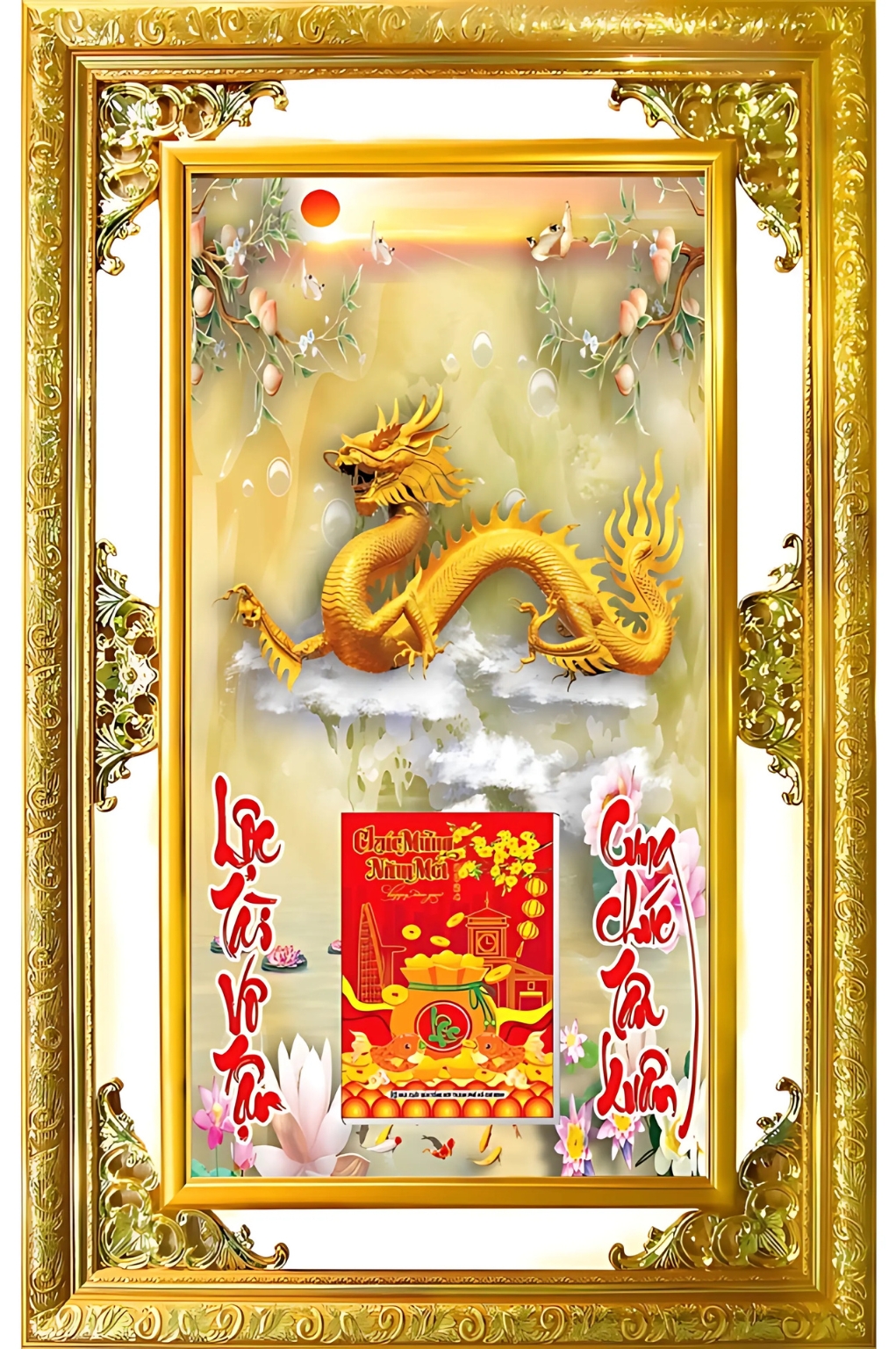Lịch Gỗ Phù Điêu Treo Tường Cao Cấp Khung Đôi Vàng 2026 (56 x 86 cm) - Rồng Vàng (NS14)