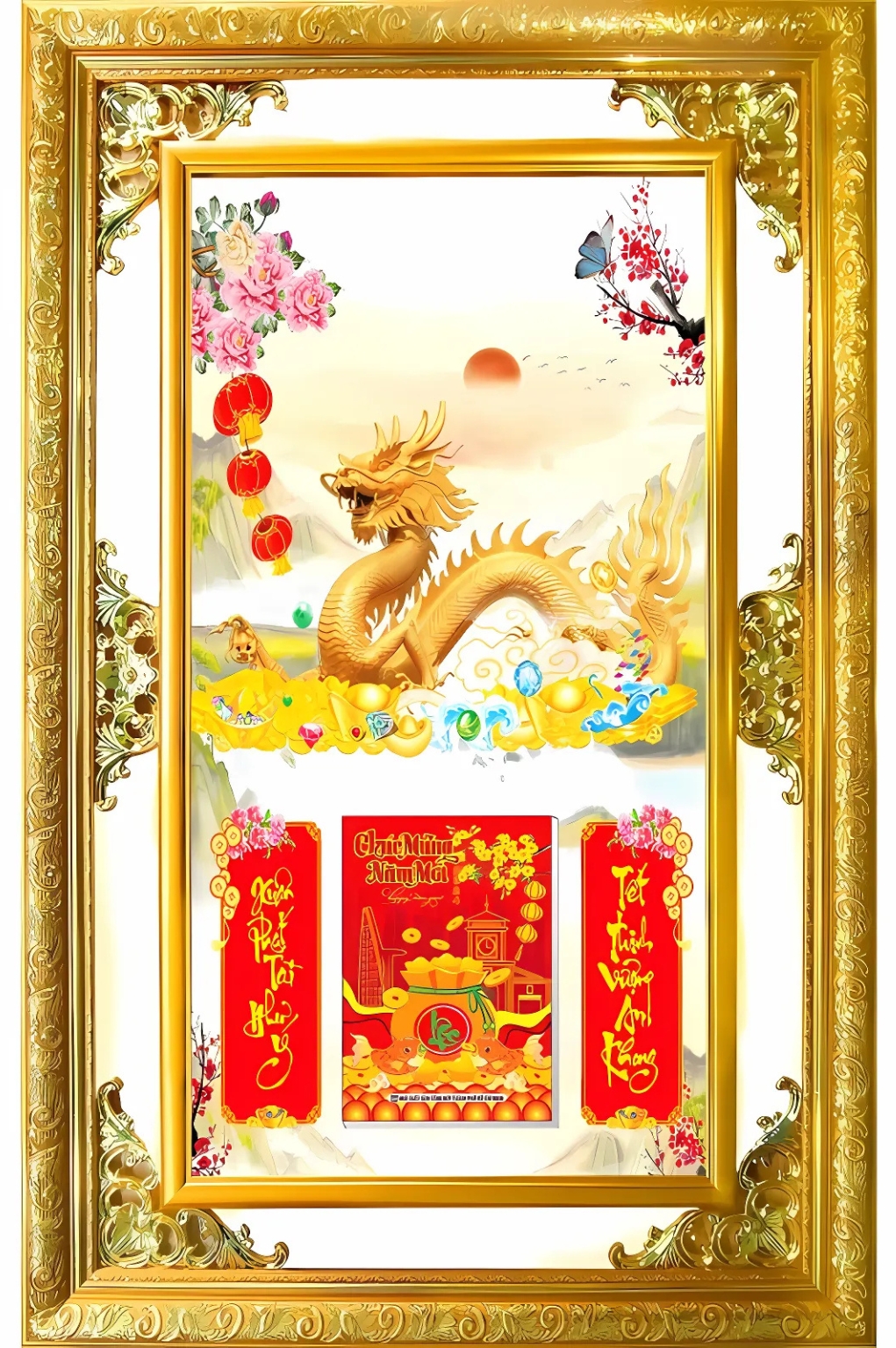 Lịch Gỗ Phù Điêu Treo Tường Cao Cấp Khung Đôi Vàng 2026 (56 x 86 cm) - Rồng Vàng (NS09)