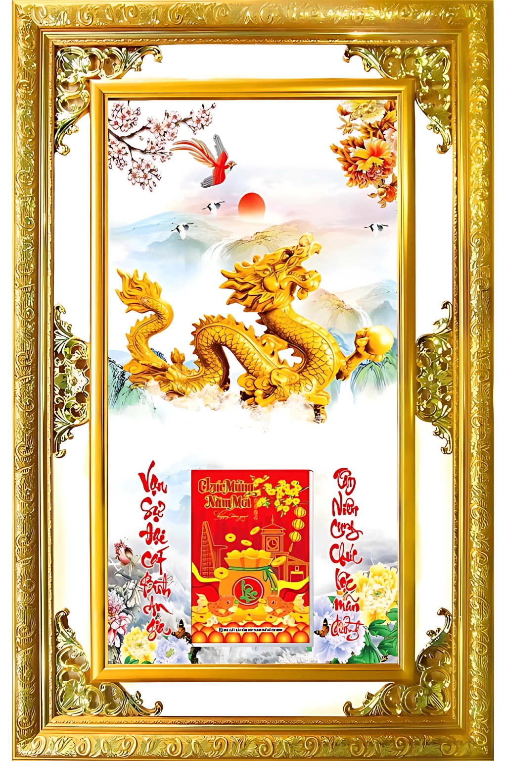 Lịch Gỗ Phù Điêu Treo Tường Cao Cấp Khung Đôi Vàng 2026 (56 x 86 cm) - Rồng Vàng (NS08) 