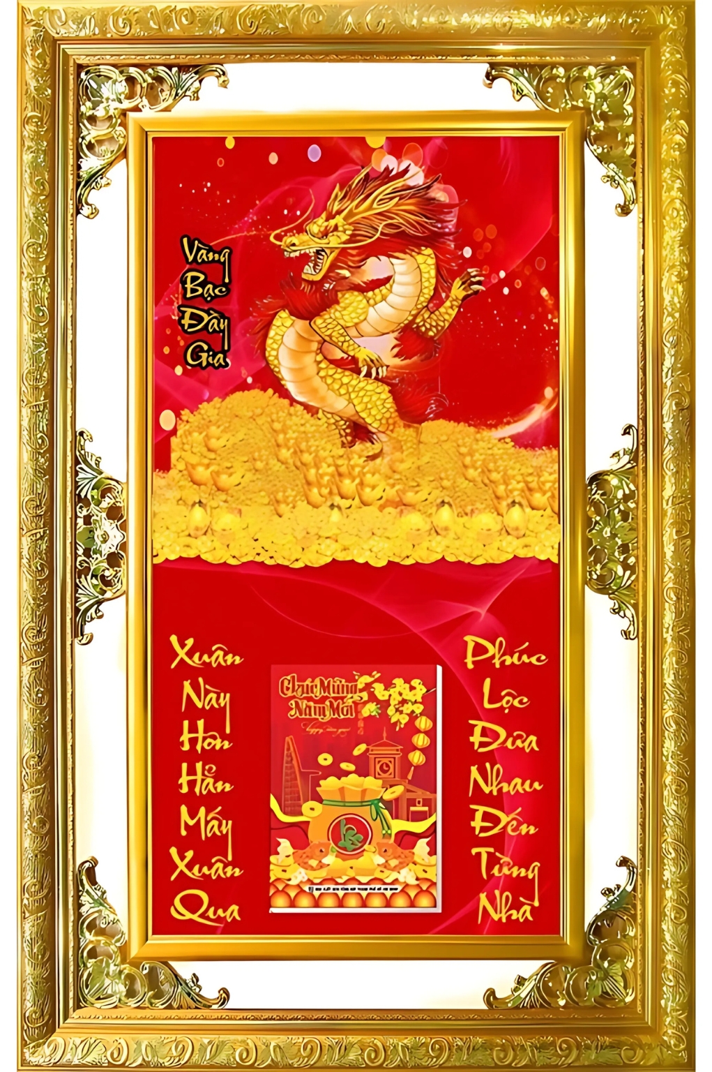 Lịch Gỗ Phù Điêu Treo Tường Cao Cấp Khung Đôi Vàng 2026 (56 x 86 cm) - Vàng Bạc Đầy Gia (NS04)