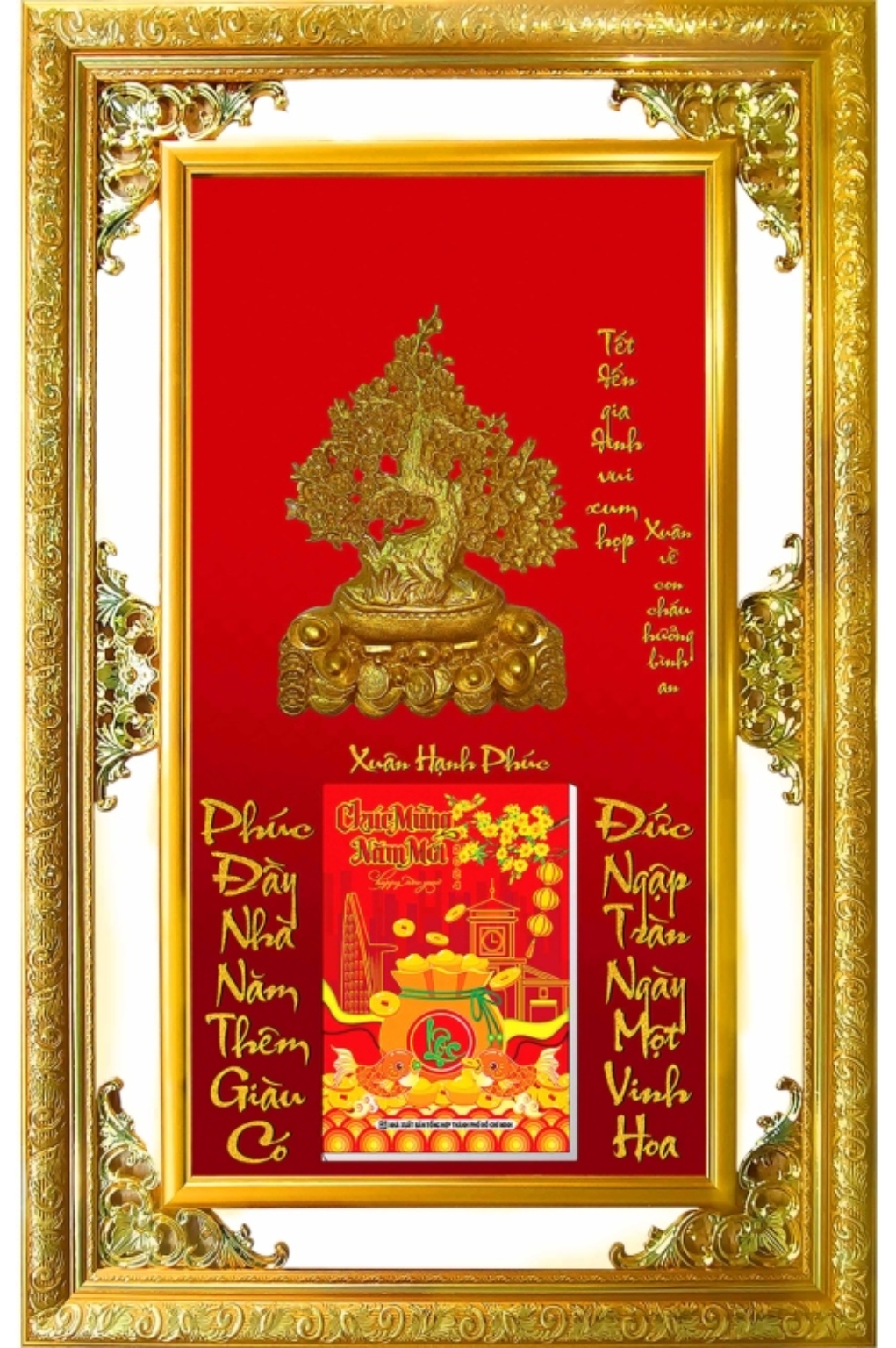 Lịch Gỗ Phù Điêu Cao Cấp Khung Đôi Vàng Dán Nổi 2026 (56 x 86 cm) - Xuân Hạnh Phúc (NS06)