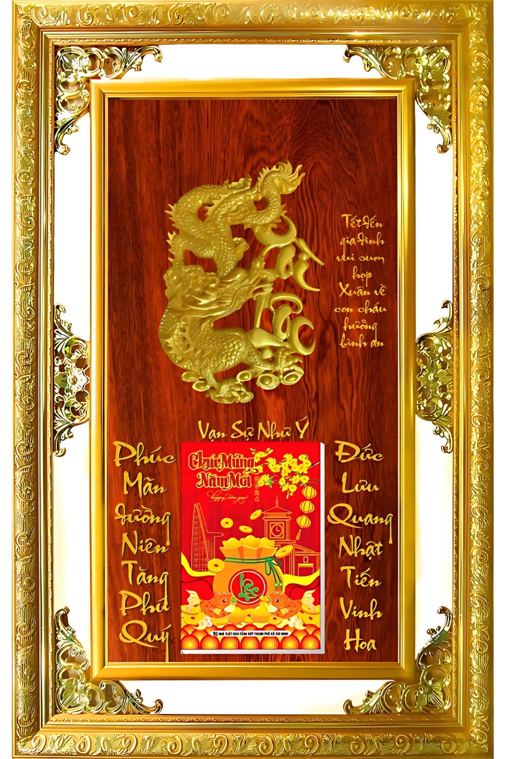 Lịch Gỗ Phù Điêu Cao Cấp Khung Đôi Vàng Dán Nổi 2026 (56 x 86 cm) - Vạn Sự Như Ý (NS04)