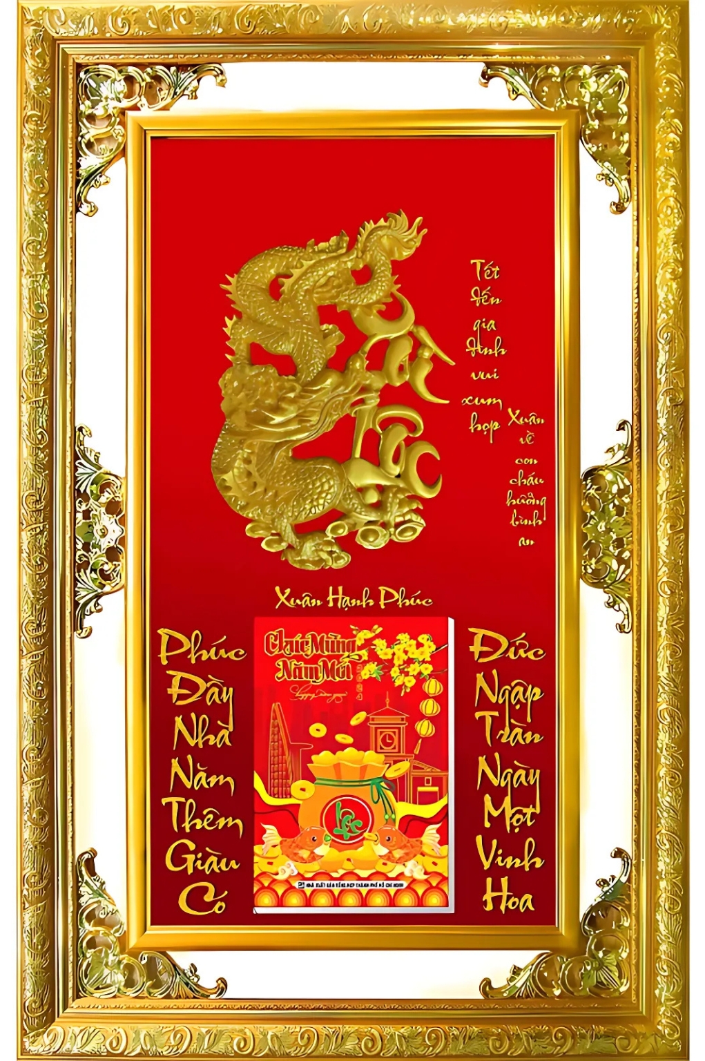 Lịch Gỗ Phù Điêu Cao Cấp Khung Đôi Vàng Dán Nổi 2026 (56 x 86 cm) -  Xuân Hạnh Phúc (NS03)
