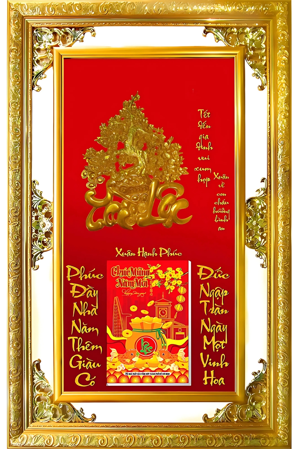 Lịch Gỗ Phù Điêu Cao Cấp Khung Đôi Vàng Dán Nổi 2026 (56 x 86 cm) - Xuân Hạnh Phúc (NS02)