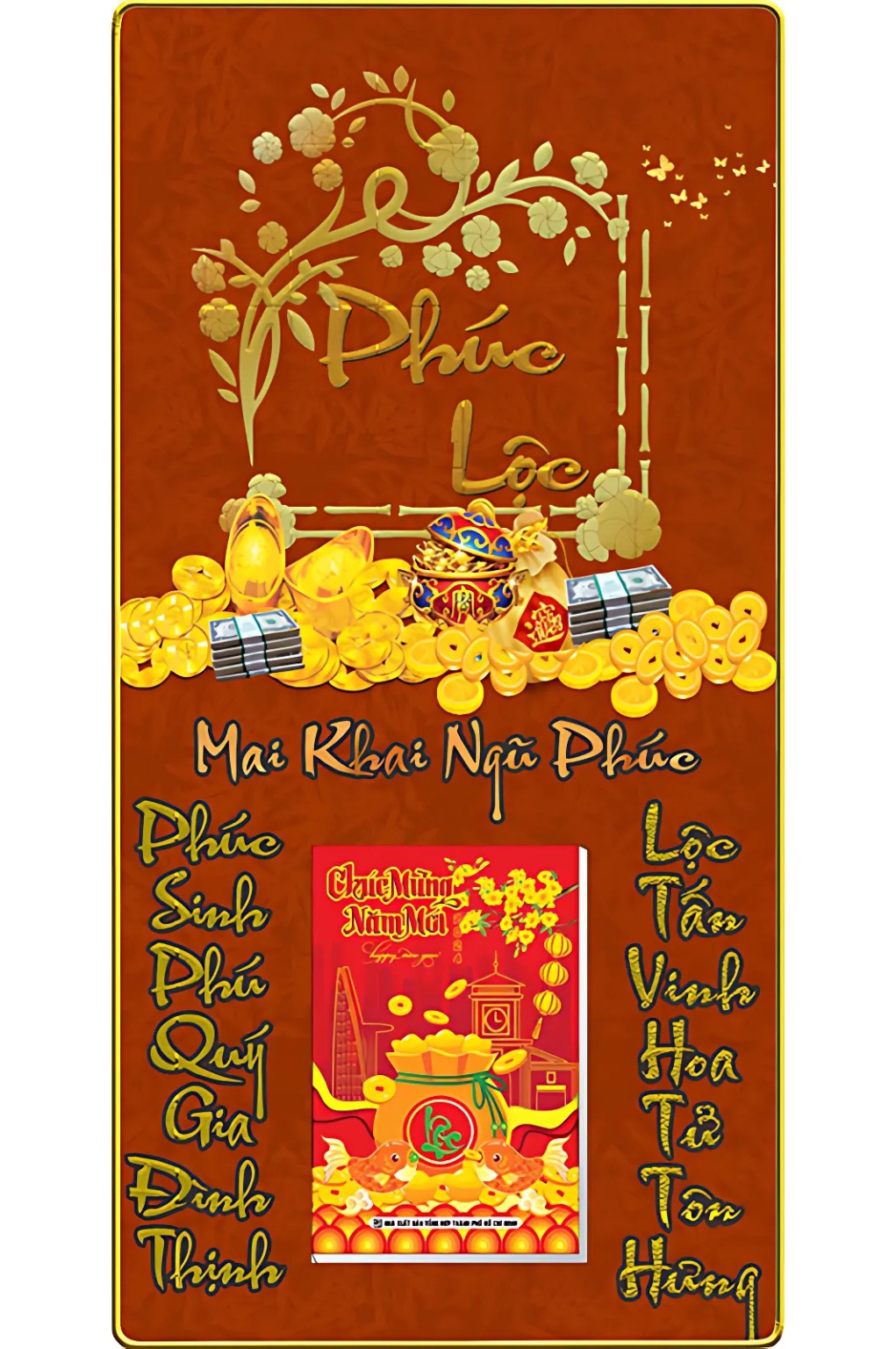 Lịch Gỗ Treo Tường Laminate Tráng Gương 2026 (39 x 79 cm) Bọc Viền Cao Cấp - Mai Khai Ngũ Phúc (NS18)