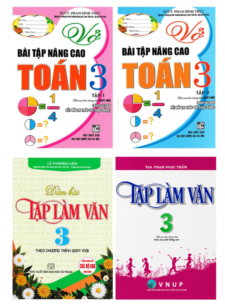 Combo Vở B&agrave;i Tập N&acirc;ng Cao To&aacute;n + D&agrave;n B&agrave;i + Tập L&agrave;m Văn Lớp 3  (B&aacute;m S&aacute;t SGK Kết Nối Tri Thức Với Cuộc Sống) (Bộ 4 Cuốn)