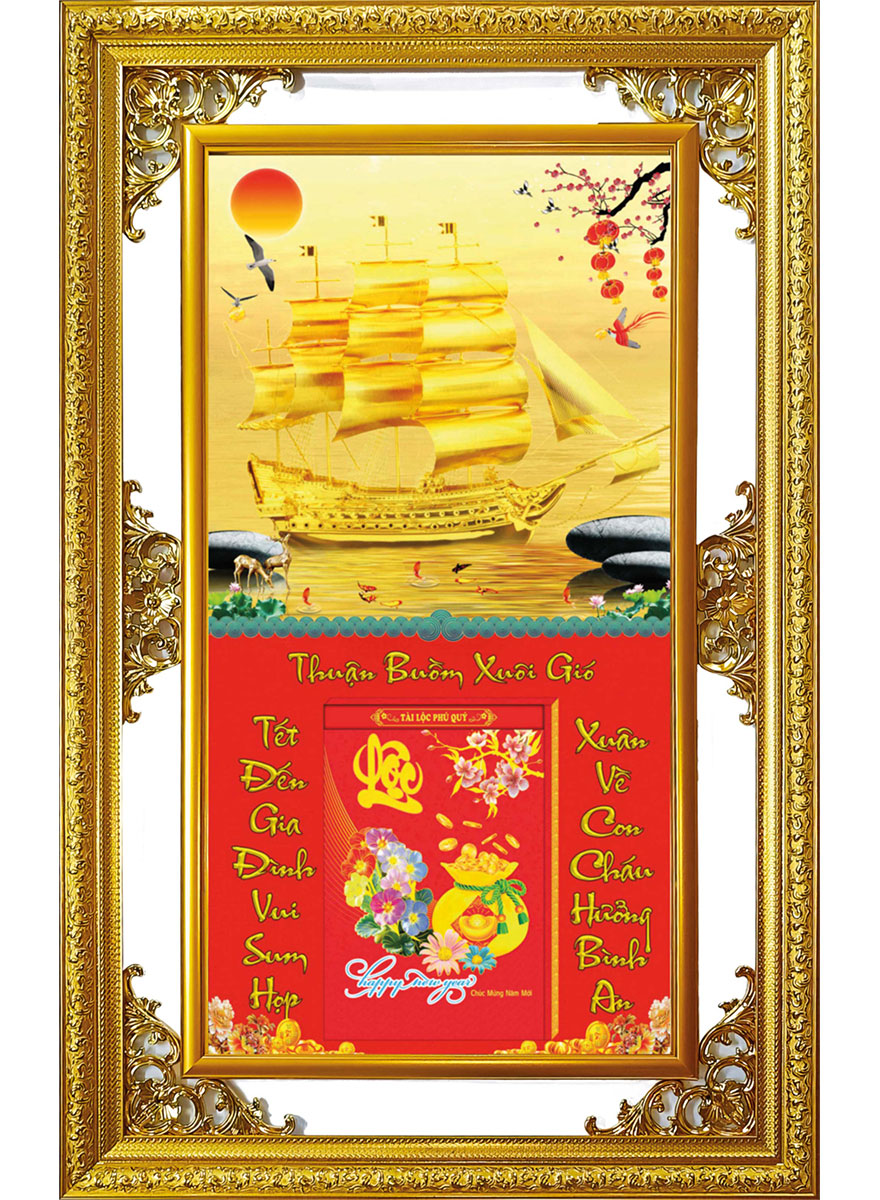 Lịch Gỗ Cao Cấp 2026 Khung Đôi Vàng (56 x 88 cm) - Thuận Buồm Xuôi Gió - NS13