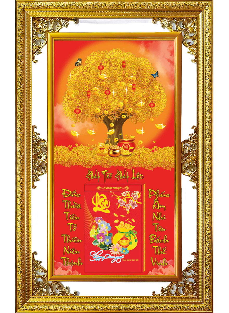 Lịch Gỗ Cao Cấp 2026 Khung Đôi Vàng (56 x 88 cm) - Cây Kim Tiền - NS08 