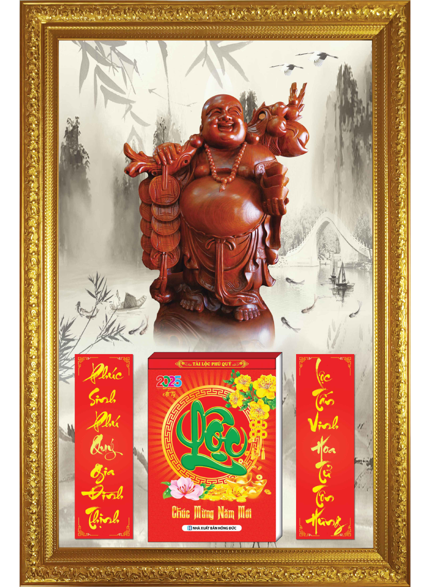 Lịch Gỗ Cao Cấp 2026 Khung Đơn Vàng (48 x 73 cm) - Phật Di Lặc