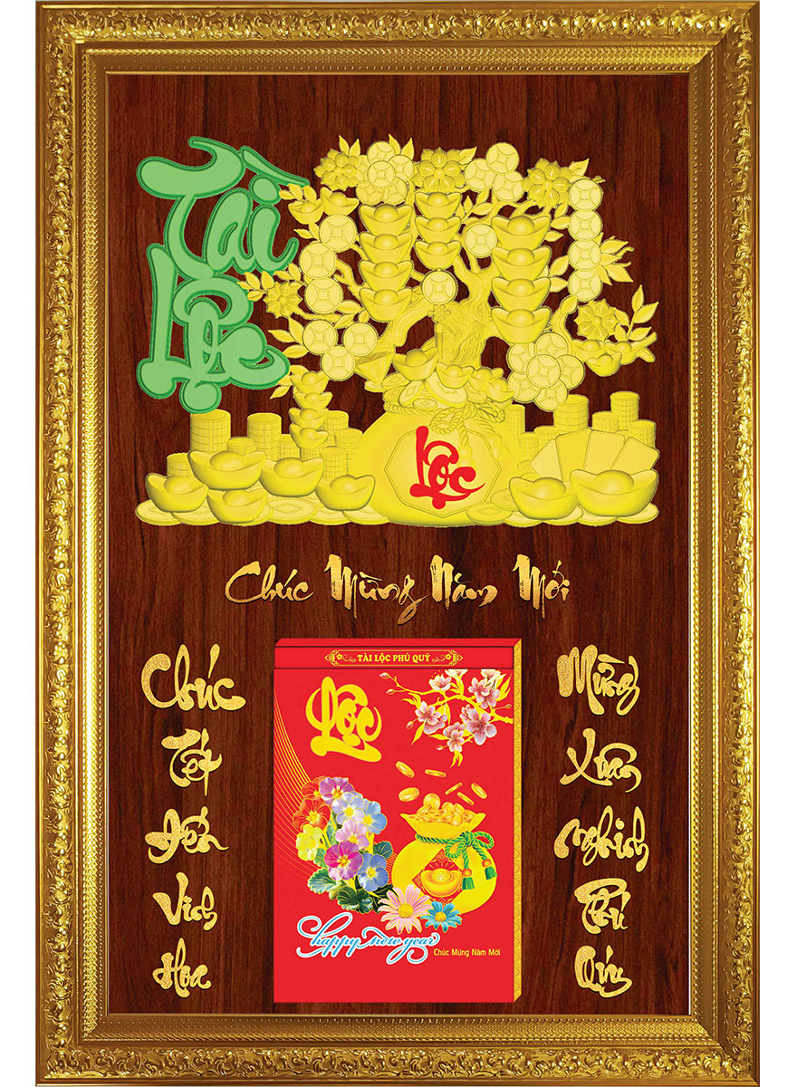 4 Mẫu Lịch Gỗ Chữ Lớn Cao Cấp 2026 Khung Đơn Vàng Dán Chữ Nổi (48 x 73 cm) - Tài Lộc