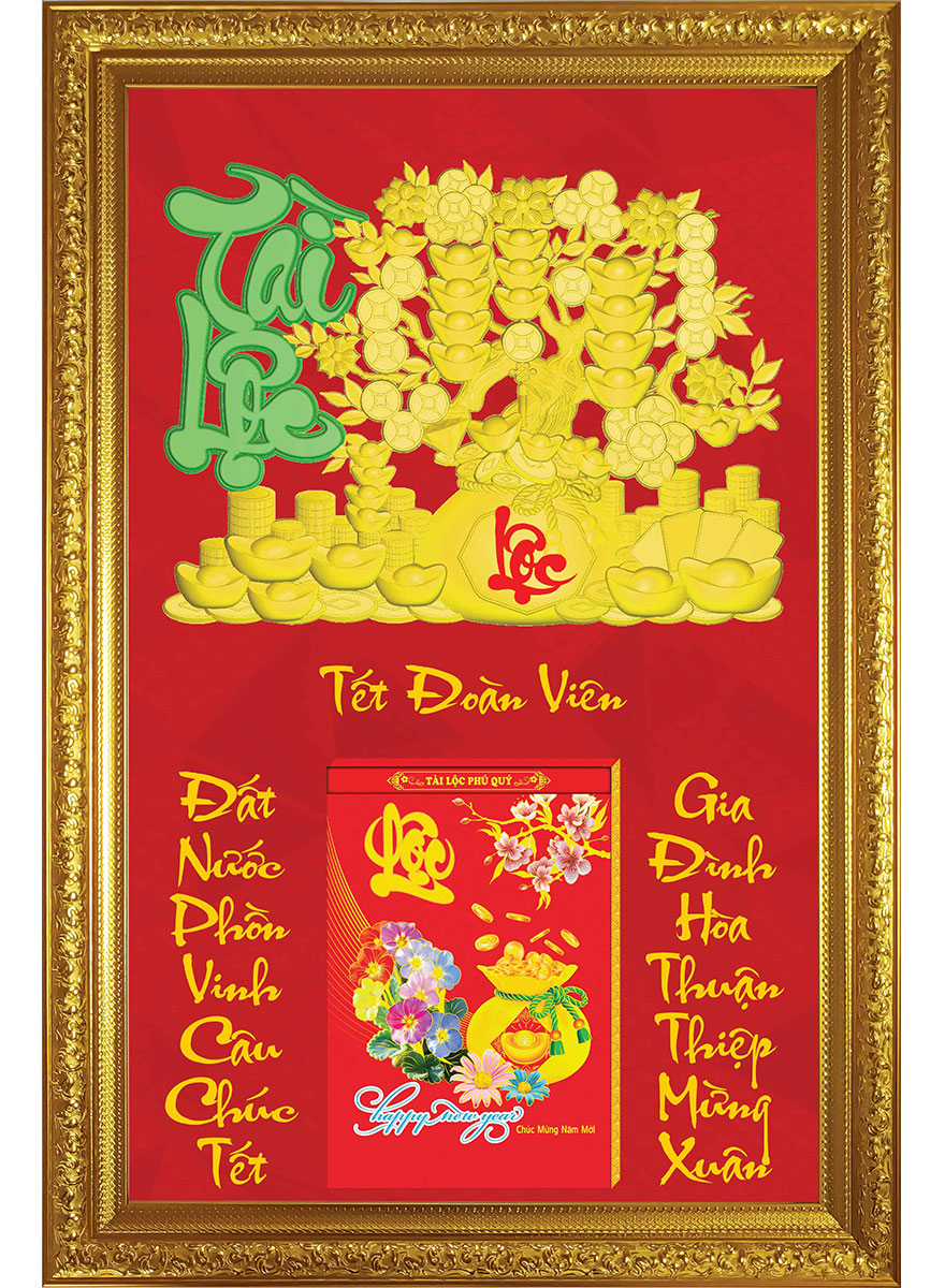 4 Mẫu Lịch Gỗ Chữ Lớn Cao Cấp 2026 Khung Đơn Vàng Dán Chữ Nổi (48 x 73 cm) - Tết Đoàn Viên
