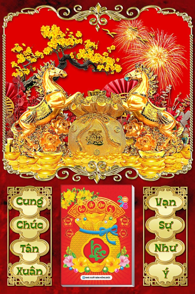 Lịch Ngựa Vàng Tài Lộc - Lịch Treo Tường Laminate Tráng Gương 2026 (40x60 cm)