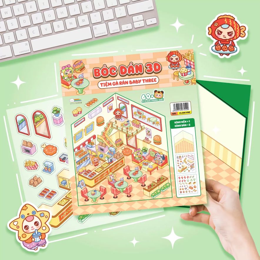 Bóc dán 3D Tiệm Gà Rán Baby Three (Đồ Chơi Bóc Dán 60+ Sticker Cho Bé)