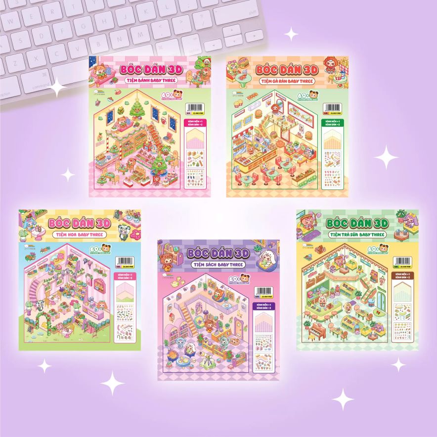 Combo 5 Cuốn Bóc Bán 3D Baby Three (Đồ Chơi Bóc Dán 300+ Sticker Cho Bé)