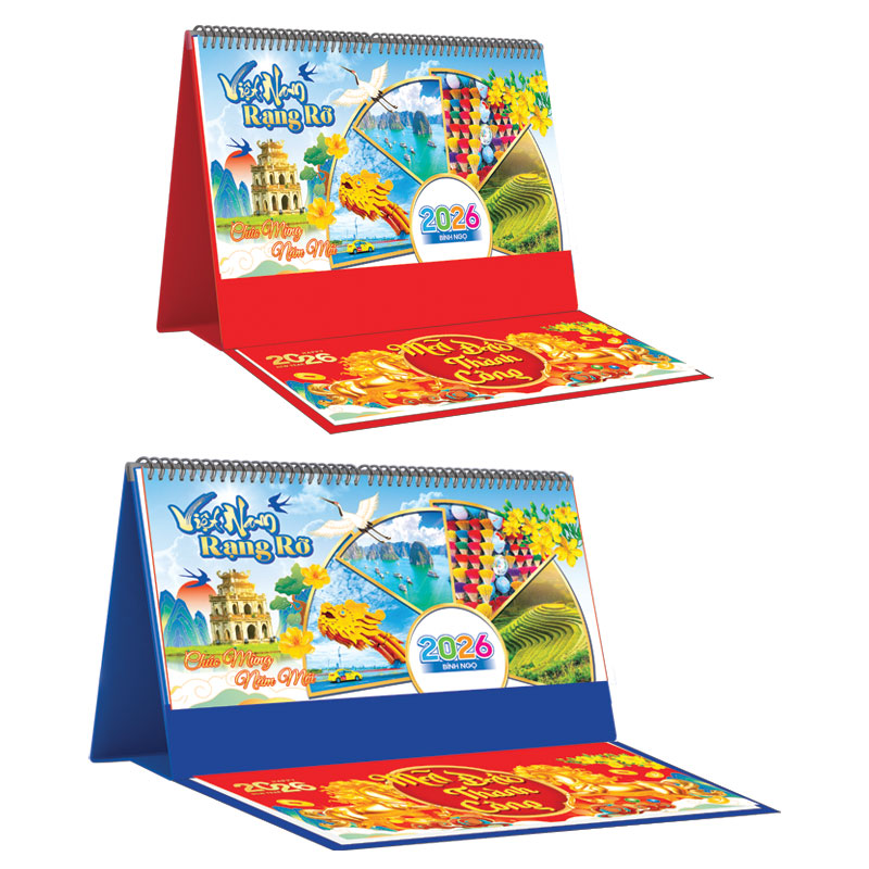 Lịch Để Bàn Ngang 2026 Có Note (25 x 12 cm) - Việt Nam Rạng Rỡ - NSKV24B (Chọn Đế Xanh Hoặc Đỏ)