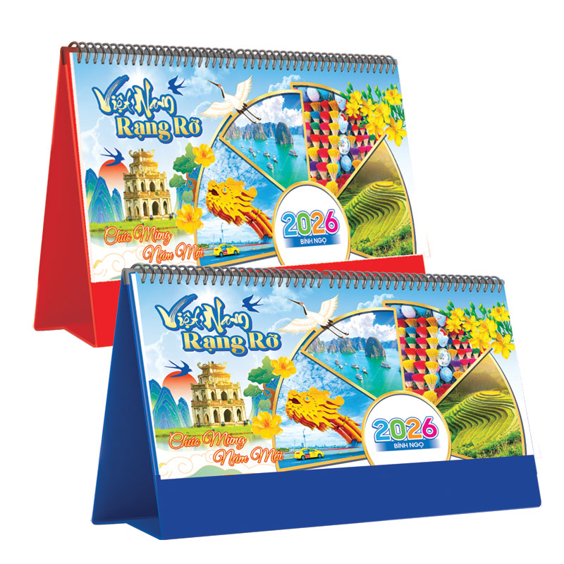 Lịch Để Bàn Ngang 2026 (25 x 12 cm) - Việt Nam Rạng Rỡ - NSKV24A (Chọn Đế Xanh Hoặc Đỏ)