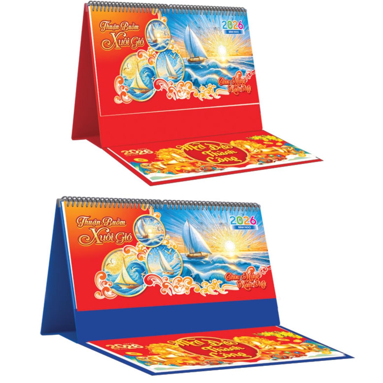 Lịch Để Bàn Ngang 2026 Có Note (25 x 12 cm) - Thuận Buồm Xuôi Gió - NSKV23B (Chọn Đế Xanh Hoặc Đỏ)