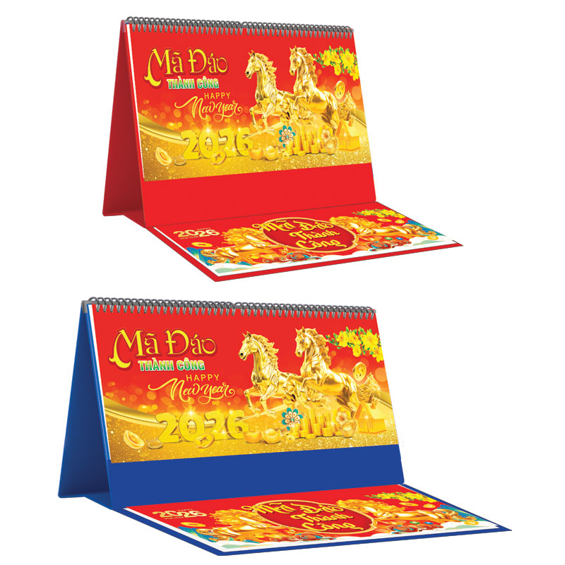 Lịch Để Bàn Ngang 2026 Có Note (25 x 12 cm) - Mã Đáo Thành Công - NSKV20B (Chọn Đế Xanh Hoặc Đỏ)
