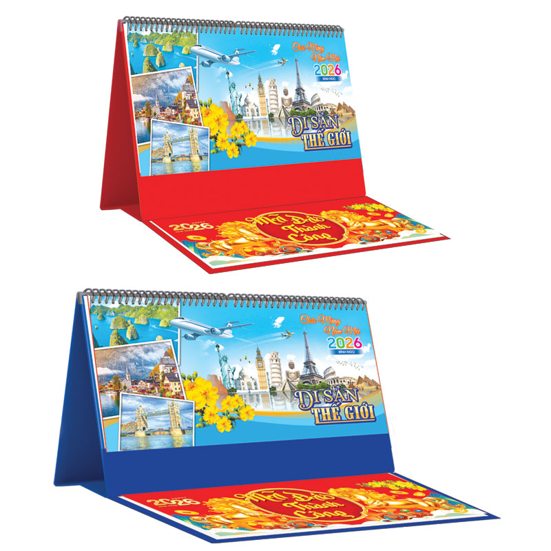 Lịch Để Bàn Ngang 2026 Có Note (25 x 12 cm) - Di Sản Thế Giới - NSKV16B (Chọn Đế Xanh Hoặc Đỏ)