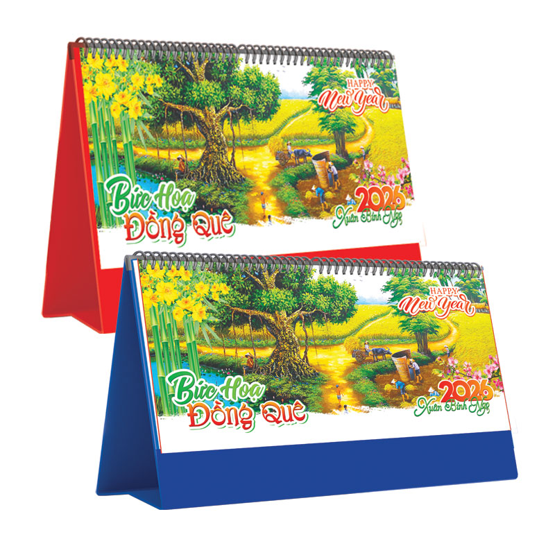 Lịch Để Bàn Ngang 2026 (25 x 12 cm) - Bức Hoạ Đồng Quê - NSKV15A (Chọn Đế Xanh Hoặc Đỏ)