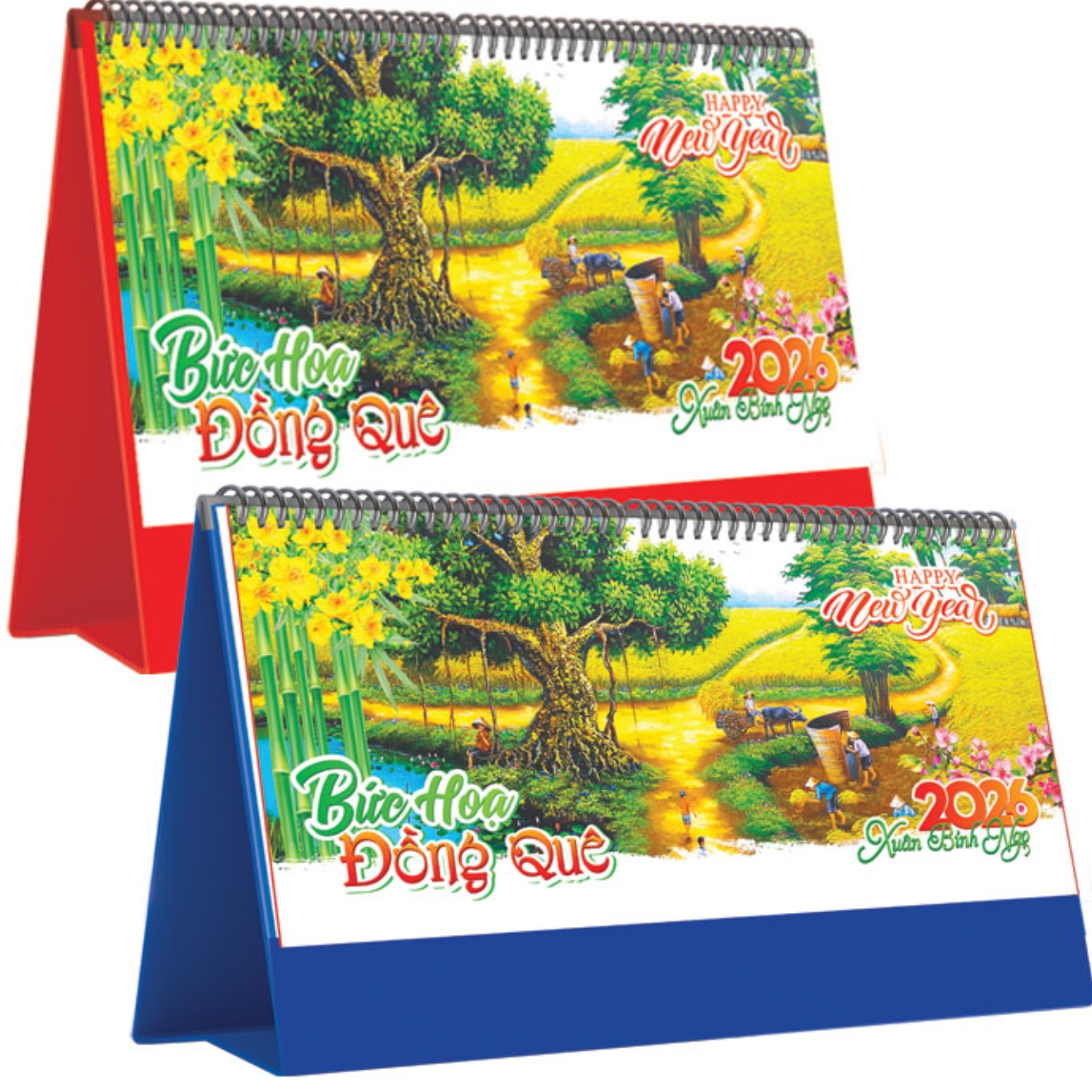 Lịch Để Bàn Ngang 2026 (25 x 12 cm) - Bức Hoạ Đồng Quê - NSKV15A (Chọn Đế Xanh Hoặc Đỏ)