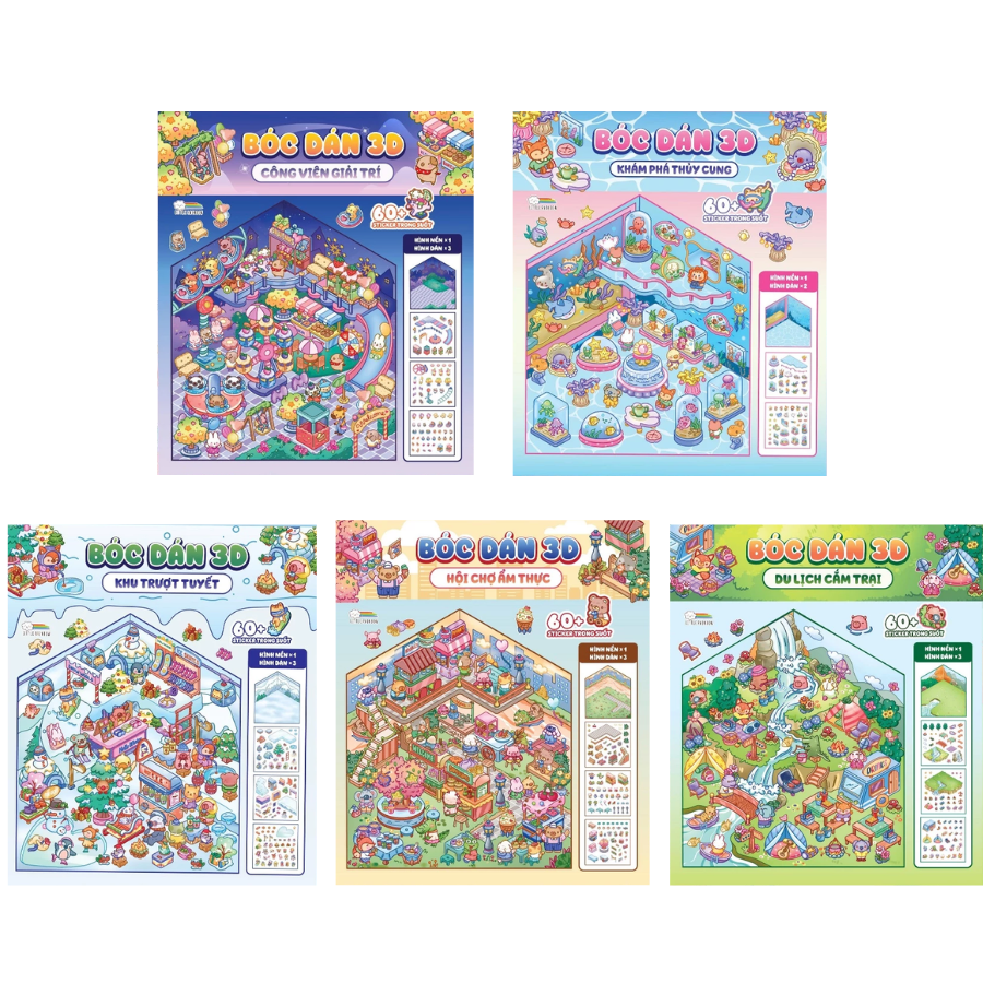 Combo Bóc Dán 3D Khu Trượt Tuyết + Khám Phá Thuỷ Cung + Du Lịch Cắm Trại + Công Viên Giải Trí + Hội Chợ Ẩm Thực (Đồ chơi bóc dán 300+ Sticker cho bé) (Bộ 5 Cuốn) 