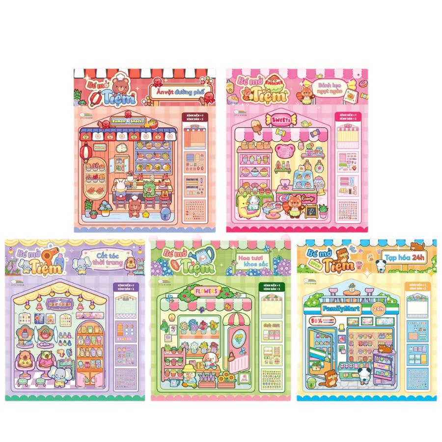 Combo Bóc Dán Bé Mở Tiệm - Tạp Hoá 24h + Hoa Tươi Khoe Sắc + Ăn Vặt Đường Phố + Bánh Kẹo Ngọt Ngào + Cắt Tóc Thời Trang (Đồ Chơi Bóc Dán 450+ Sticker Cho Bé) (Bộ 5 Cuốn)