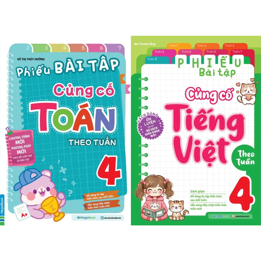 Combo Phiếu B&agrave;i Tập Củng Cố To&aacute;n + Tiếng Việt Theo Tuần Lớp 4 (Bộ 2 Cuốn)
