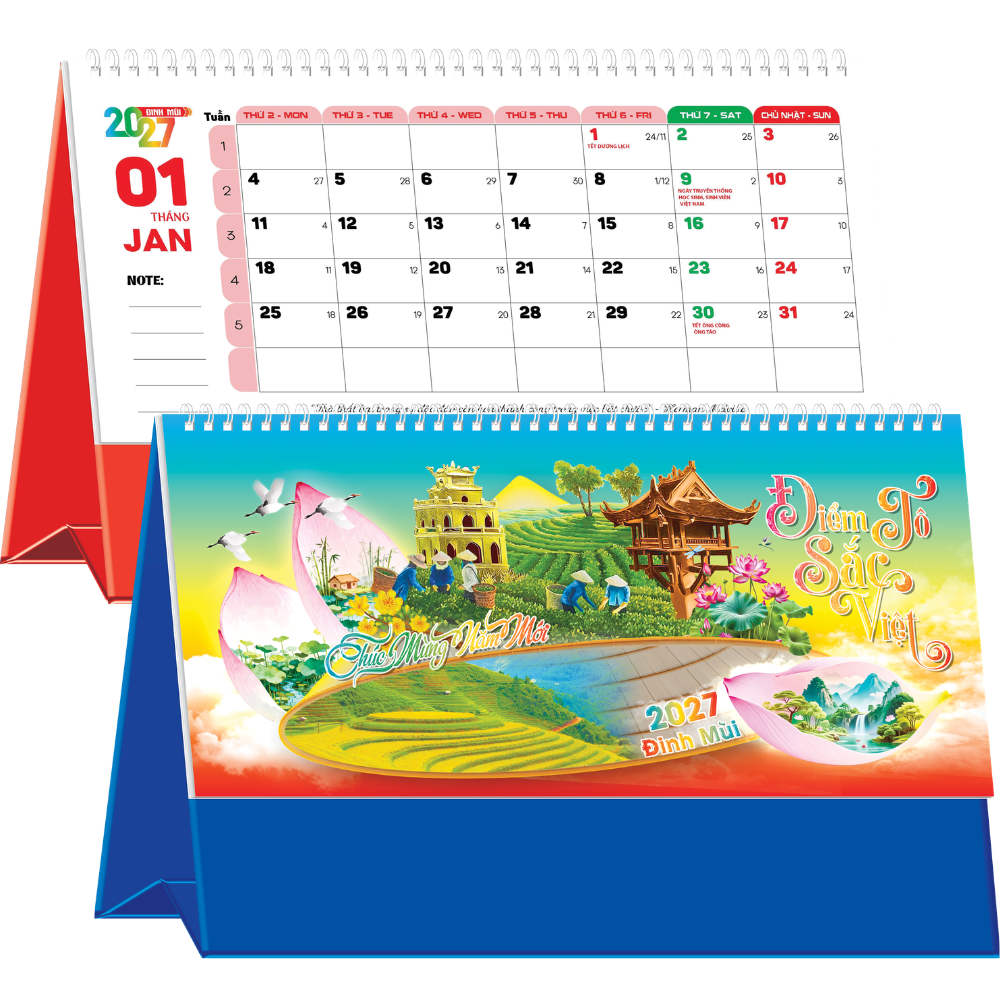 Lịch Để B&agrave;n 2027 (25x12 cm) - Điểm T&ocirc; Sắc Việt - Mẫu NSKV206