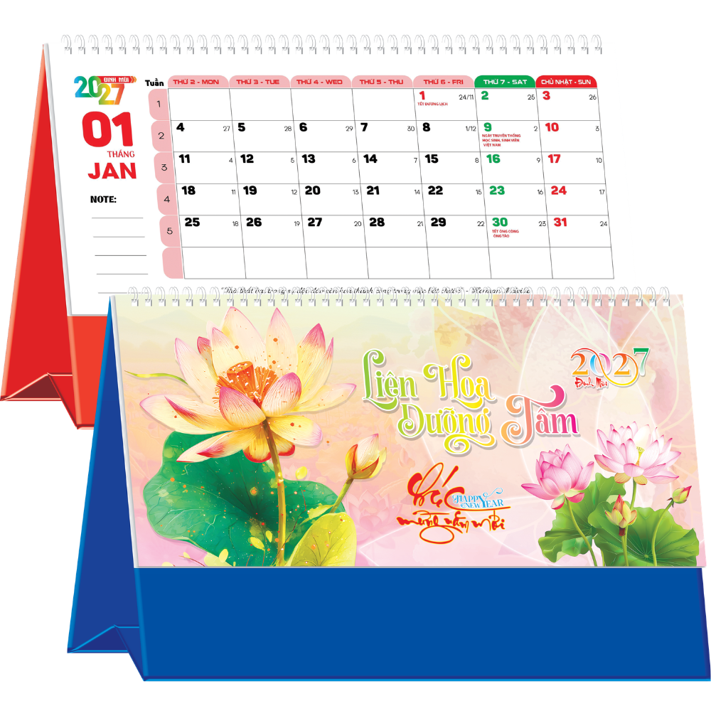 Lịch Để B&agrave;n 2027 (25x12 cm) - Li&ecirc;n Hoa Dưỡng T&acirc;m - Mẫu NSKV210