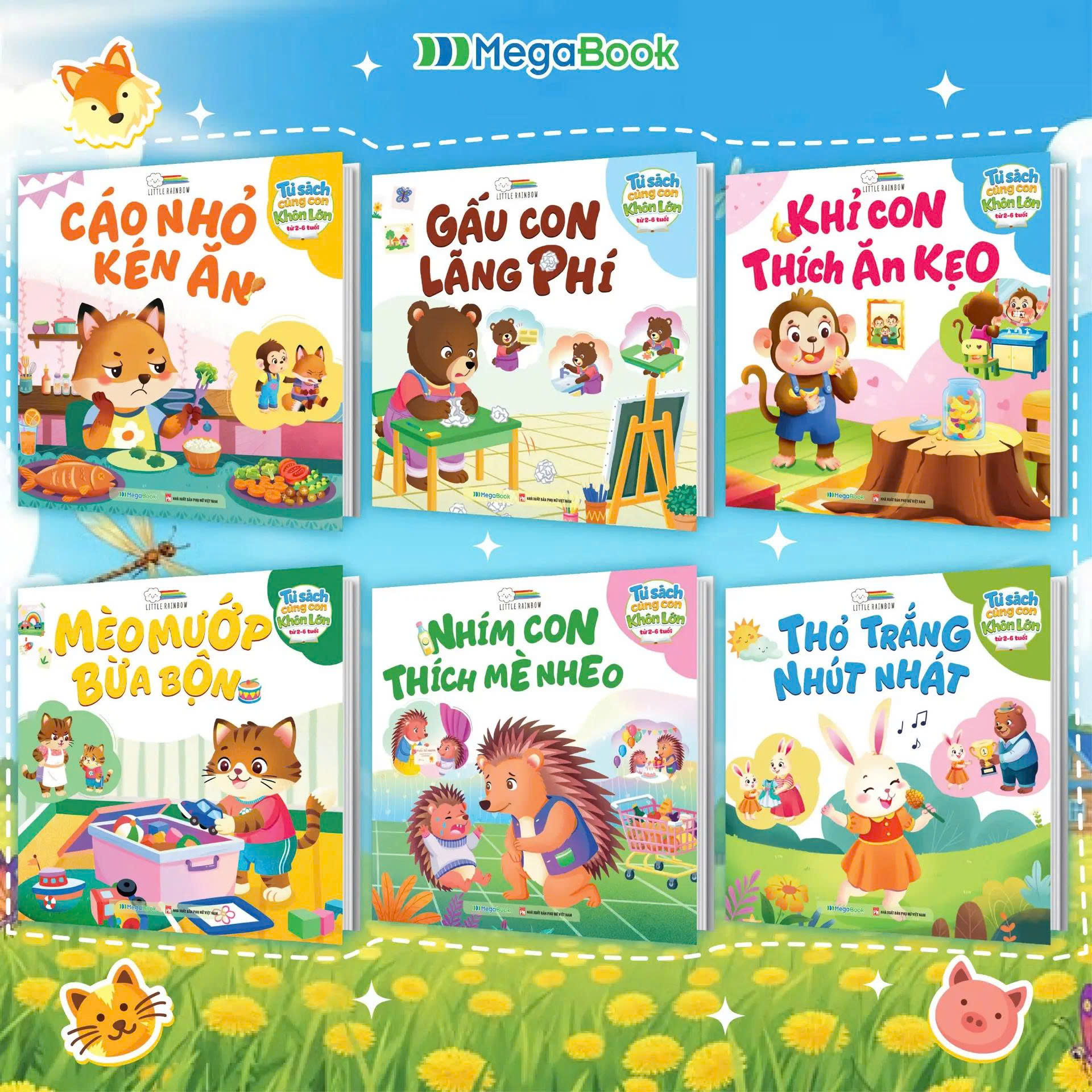 Combo 6 cuốn: Tủ s&aacute;ch c&ugrave;ng con lớn kh&ocirc;n (C&aacute;o nhỏ k&eacute;n ăn, Gấu con l&atilde;ng ph&iacute;, Khỉ con th&iacute;ch ăn kẹo, M&egrave;o mướp bừa bộn, Thỏ trắng nh&uacute;t nh&aacute;t, Nh&iacute;m con th&iacute;ch m&egrave; nheo)